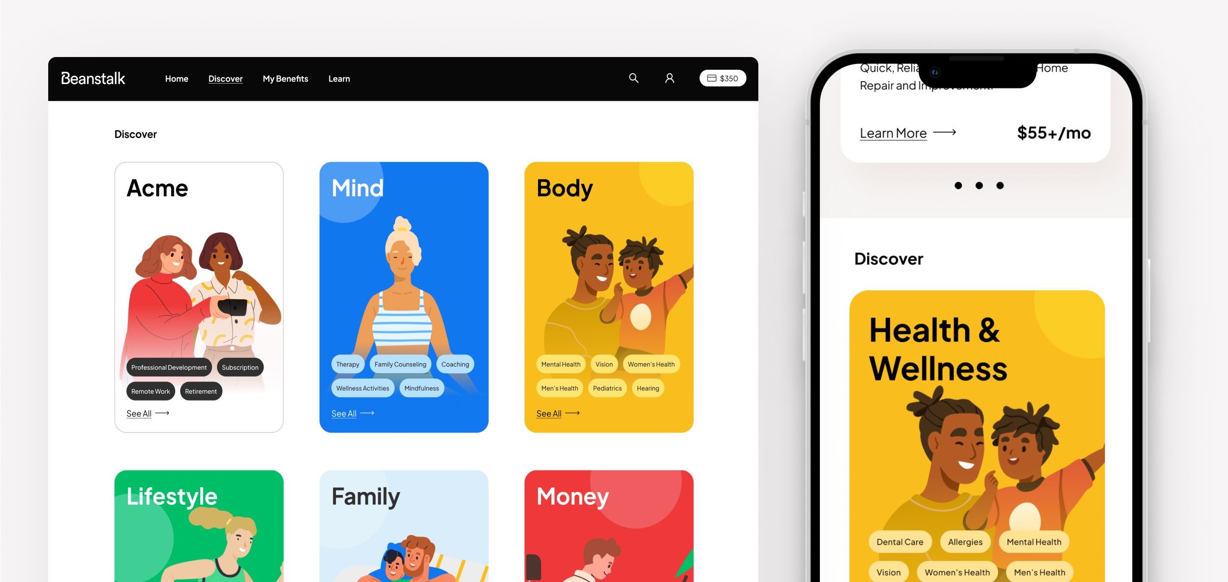 Two software interfaces of Beanstalk show categories where users can discover benefits, such as Mind, Body, Lifestyle, Family, Money, Health and Wellness and also from the user's employer