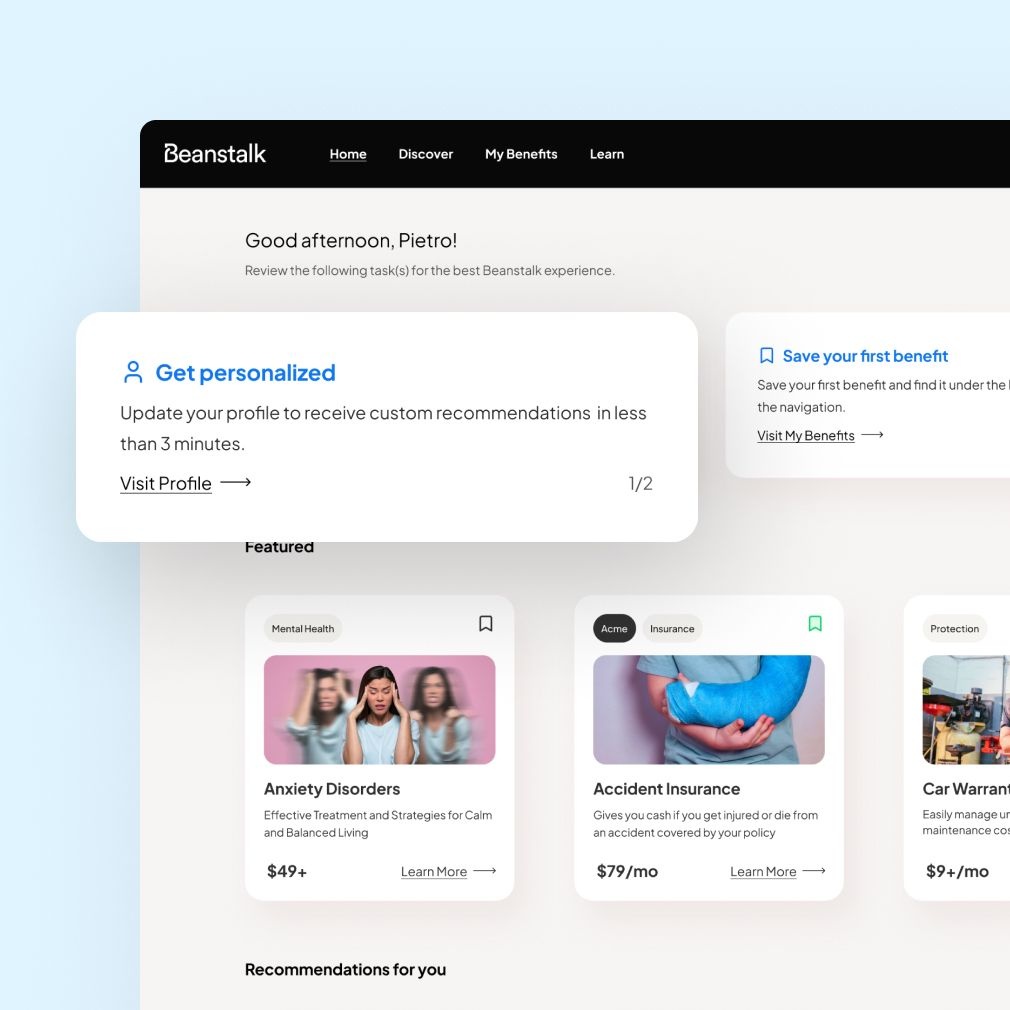 Beanstalk software interface shows where a registered user can start the Personalization process within the Beanstalk application