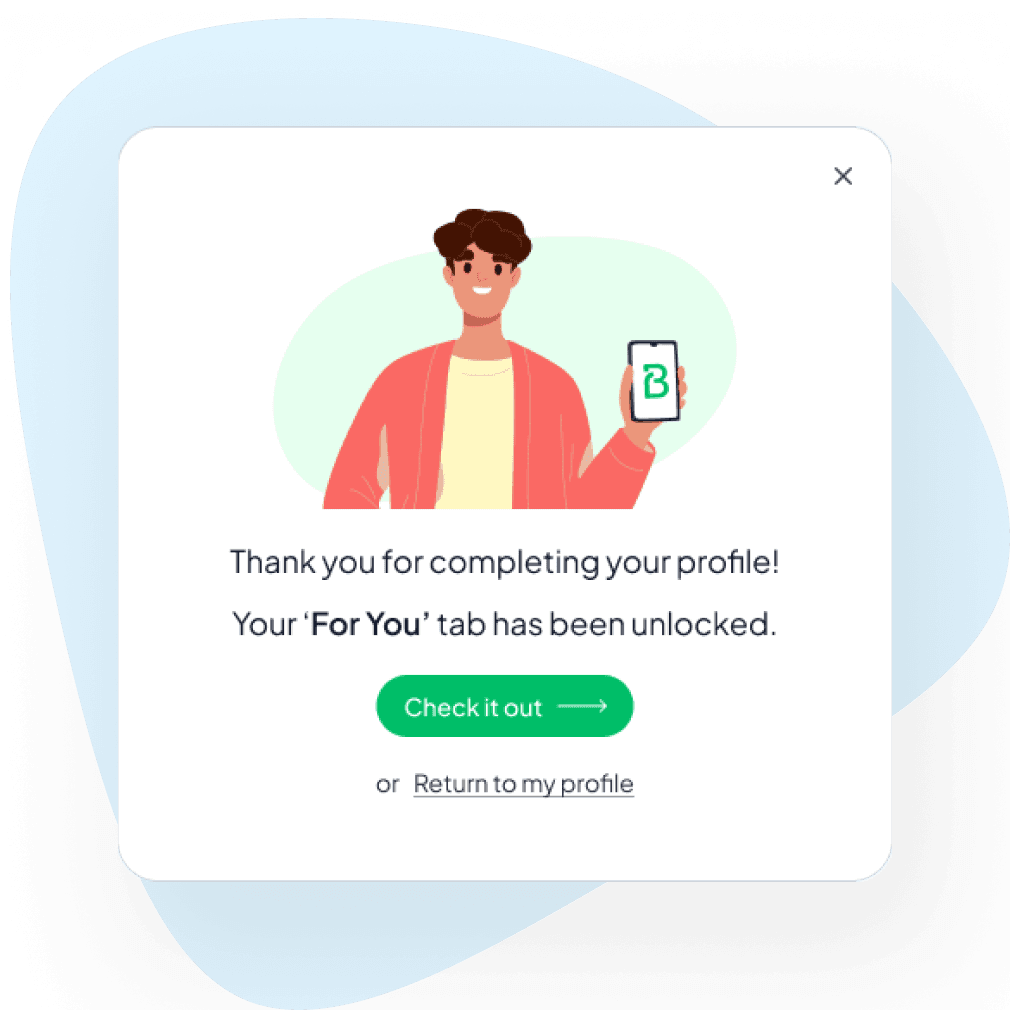 Beanstalk software interface shows confirmation that the registered user has completed their profile and now receives a reward to see special content just for them