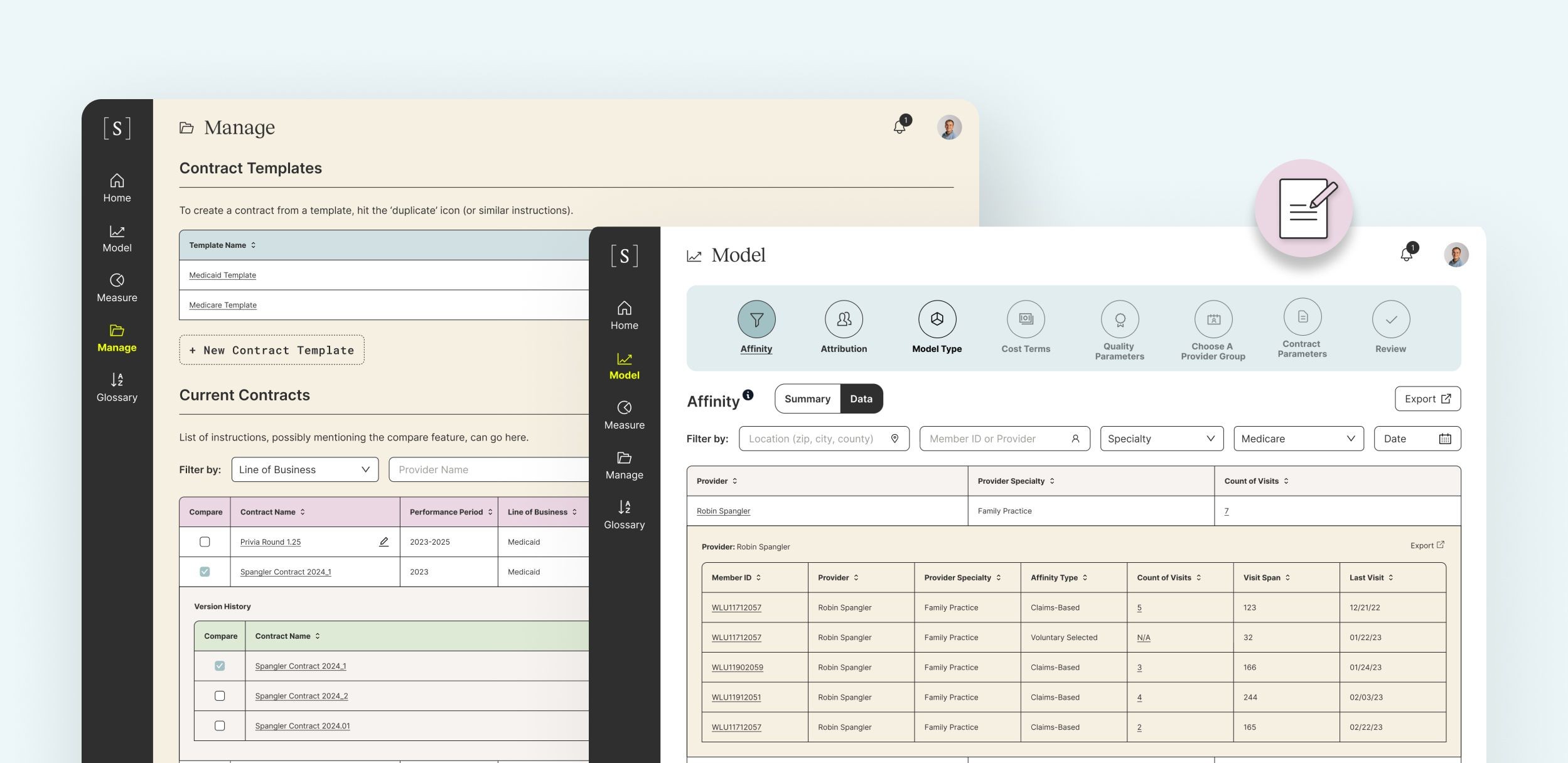 Two Syntax software interfaces are shown, to demonstrate Managing Contracts and Models features