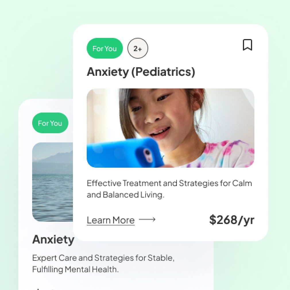 Beanstalk software interface images show the kinds of benefits and services available to registered Beanstalk users, in this case, anxiety benefits for both adults and children