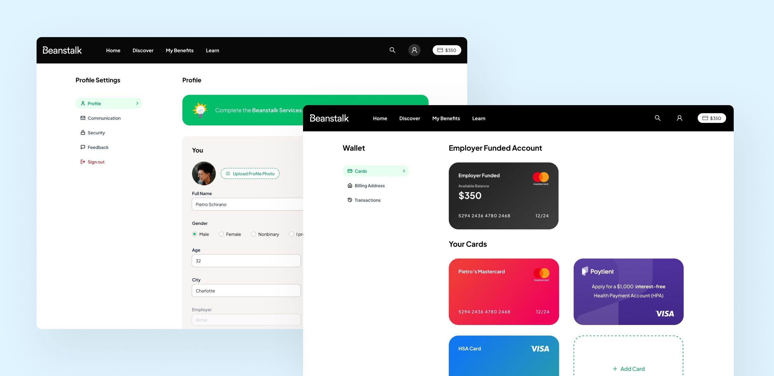 Two Beanstalk software interface screens demonstrate more of the Beanstalk user experience by showing the user profile settings page and the user Wallet page, which shows what payment methods are available to that user