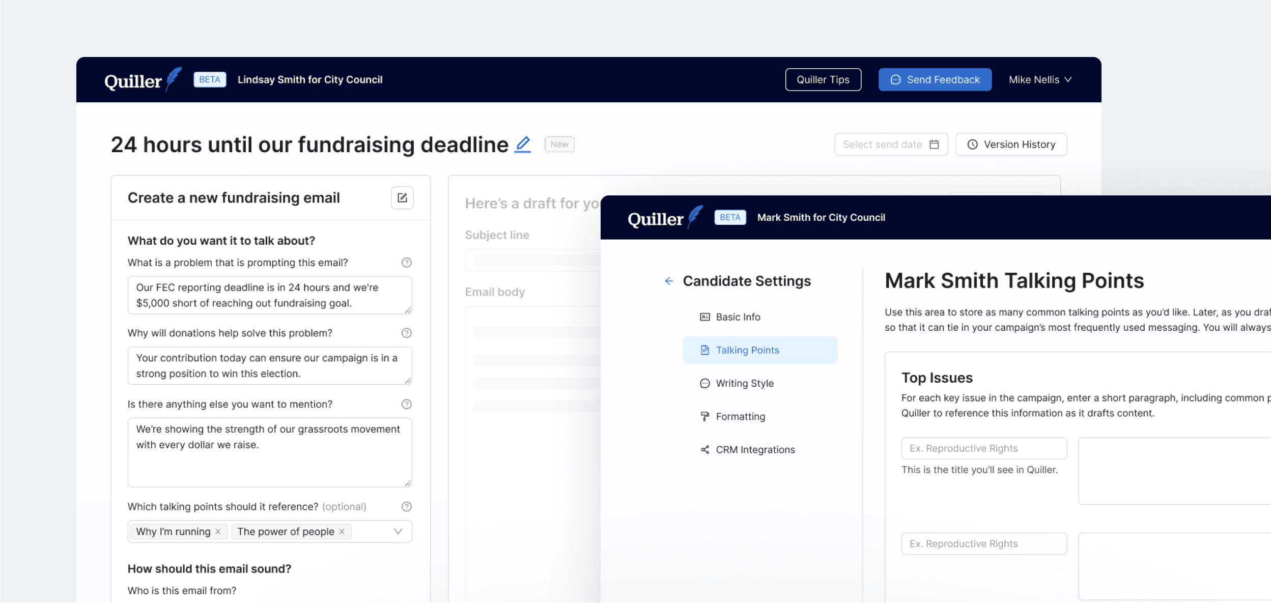 Quiller software interface screens demonstrate key features