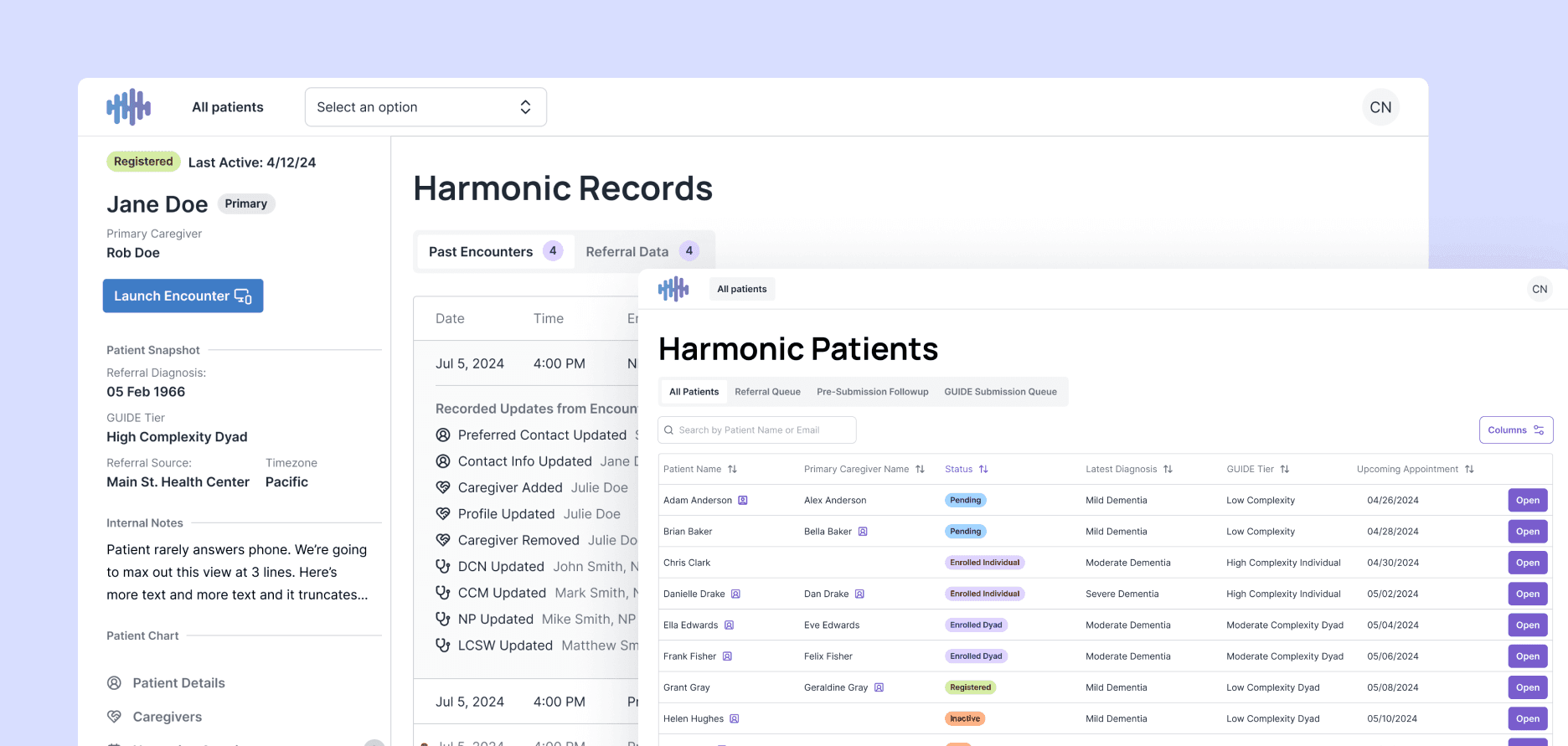 Harmonic Health software interface is shown, to demonstrate Records and Patients experiences