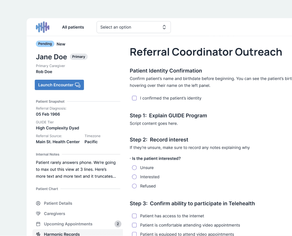 Harmonic Health software interface is shown, to demonstrate the Referral Coordination Outreach feature