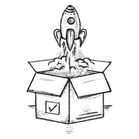 Illustration of a small rocketship launching out of a cardboard box, signifying product launch
