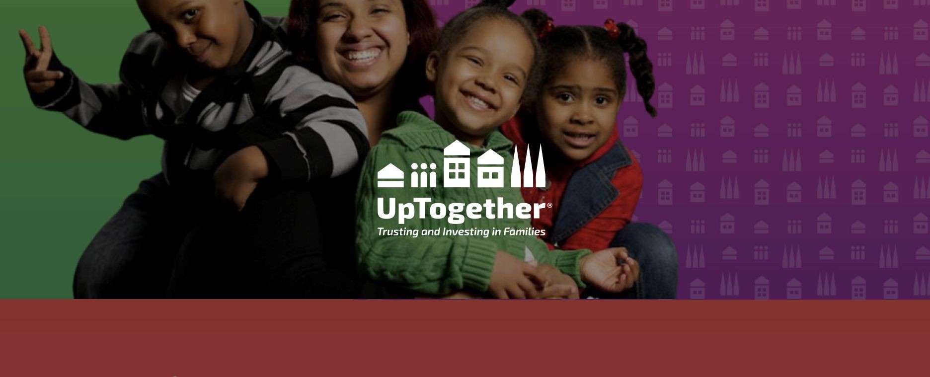 Image of smiling mother and holding her three small children. The UpTogether logo is displayed over the image.
