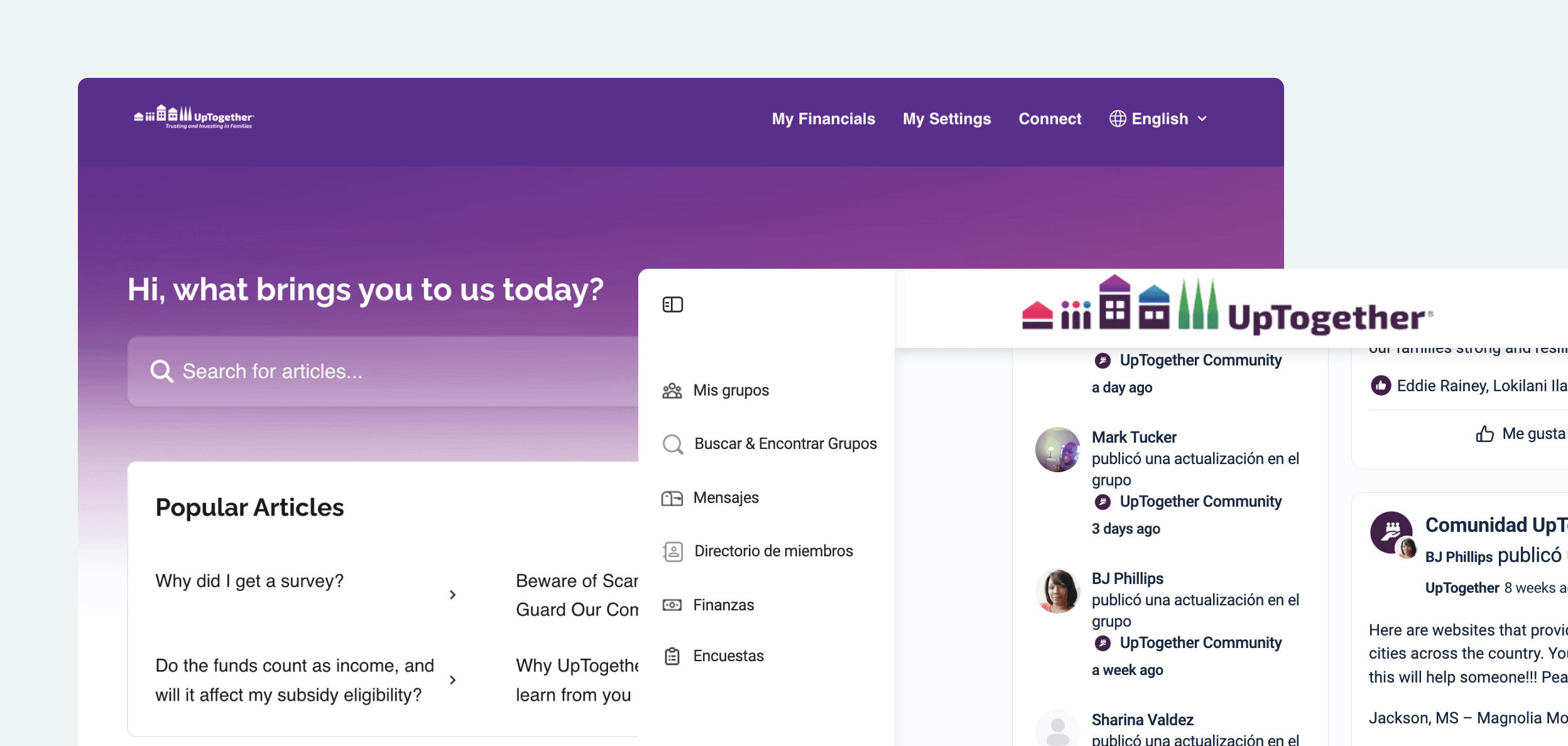 UpTogether software interface is shown, to demonstrate the search and results experience