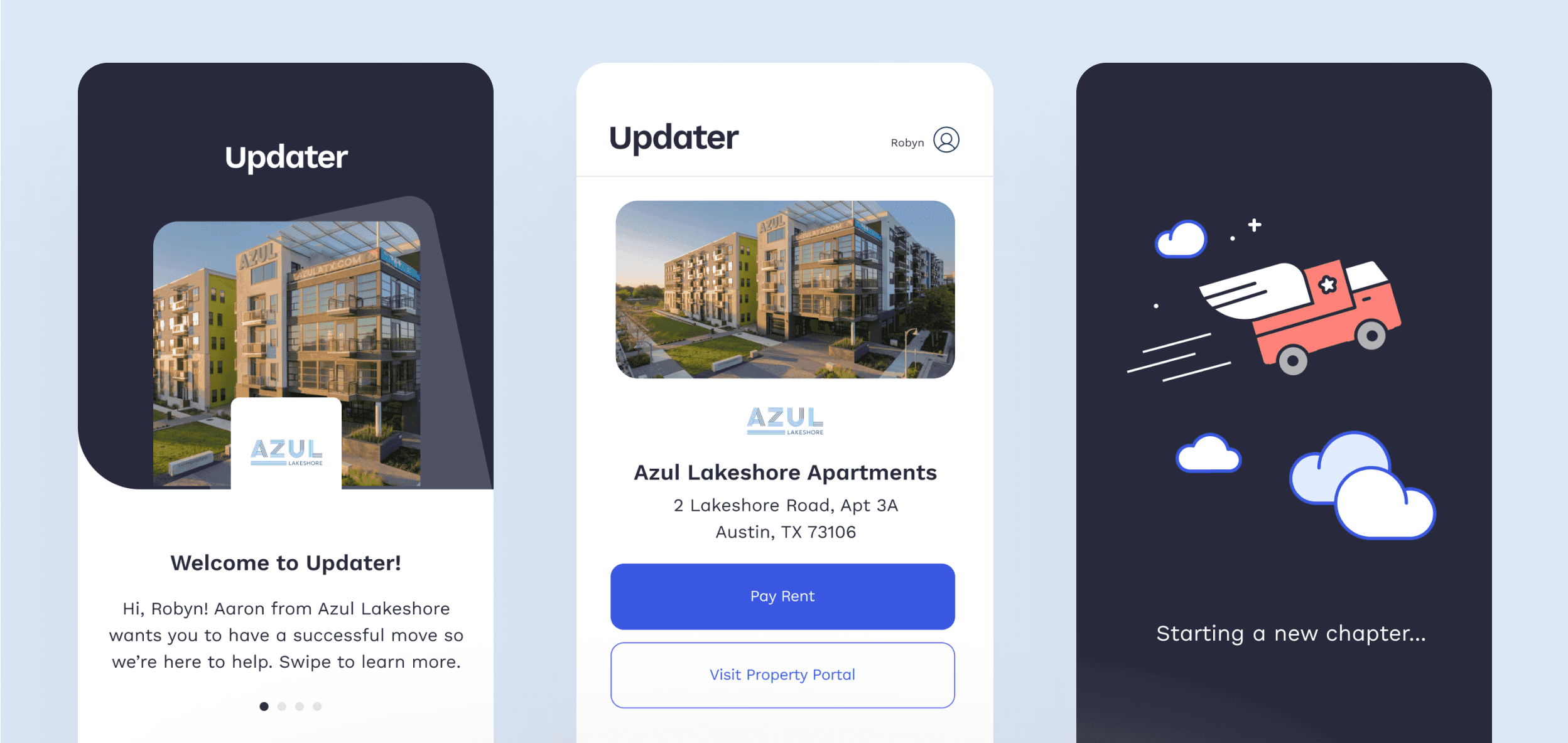 Three screens from the Updater application show the Welcome Onboarding process, the ability to manage payment from the app, and a landing page for a user who is starting a new chapter in their life and is using Updater to help them move.