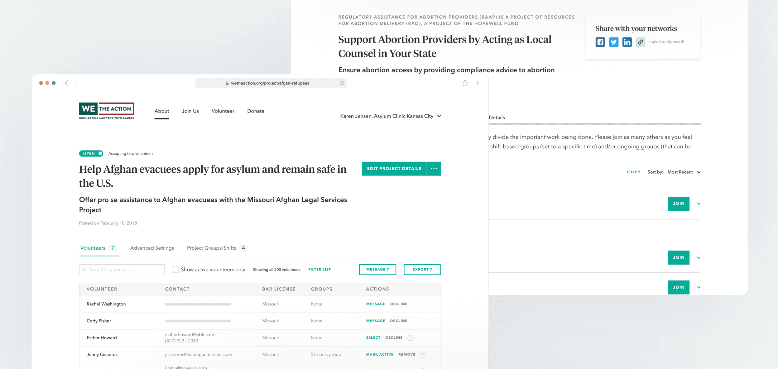 Two software interfaces show what a project looks like in the We the Action application and how to join