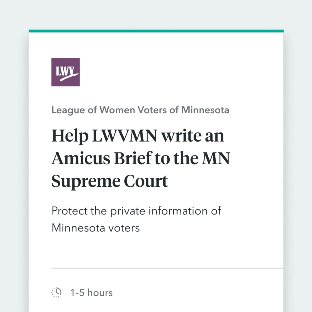 Software interface component card from a We the Action project shows the name of the project, the goal of the project and the estimated time commitment for the project